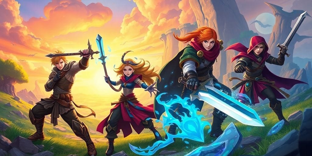 Epic fantasy RPG characters in action, vibrant scene.