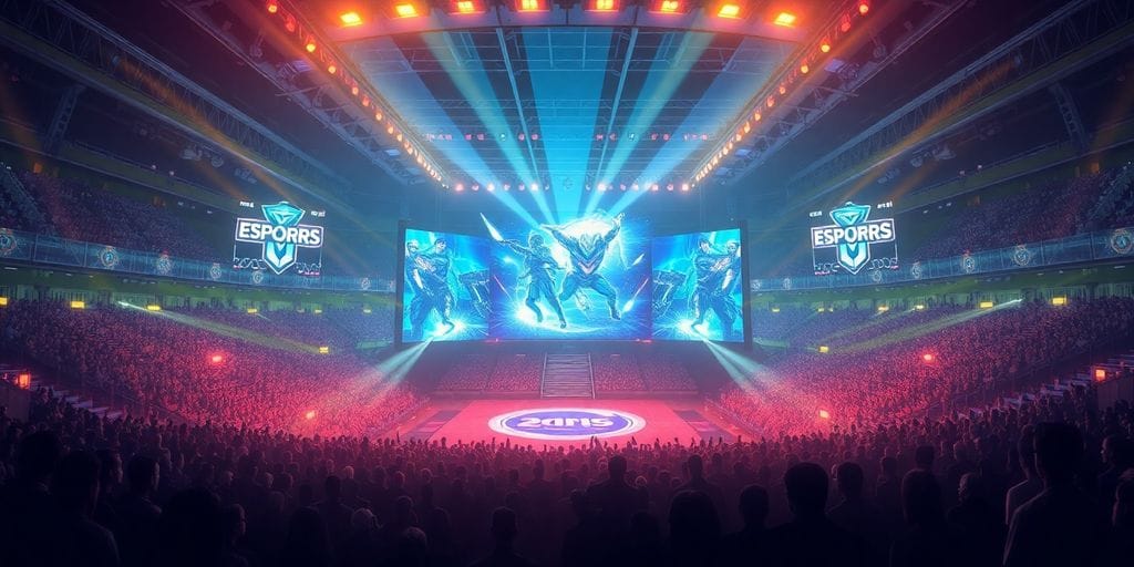 Futuristic arena, glowing digital projections, competitive gaming atmosphere.