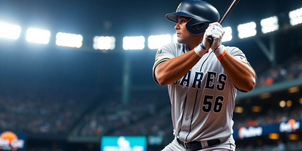 Baseball player swinging bat, stadium lights glowing.