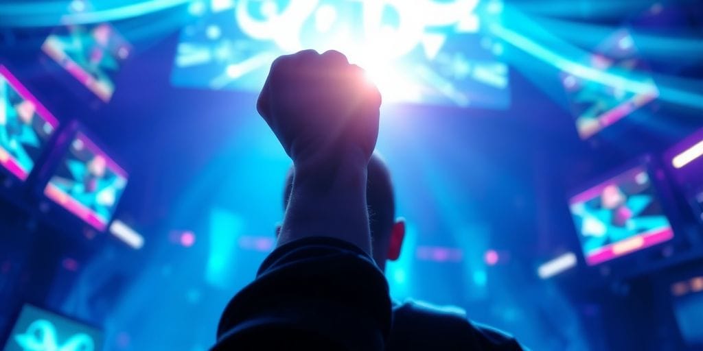 Gamer triumphantly raising a fist, vibrant light.