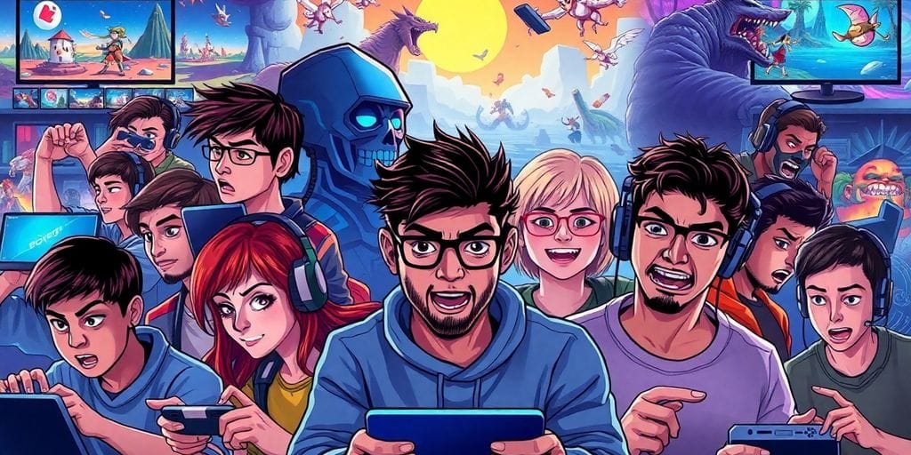 Diverse gamers joyfully immersed in vibrant online game worlds.