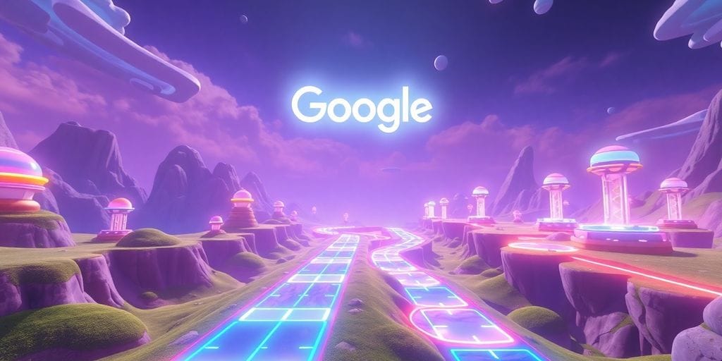 Futuristic game world with Google logo.