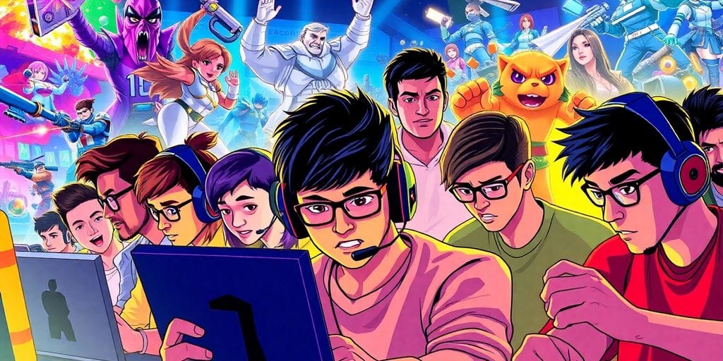 Diverse gamers in action, vibrant atmosphere