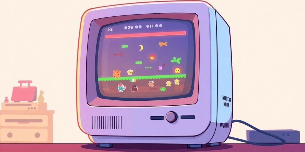 Retro computer with colorful, classic flash game on screen.