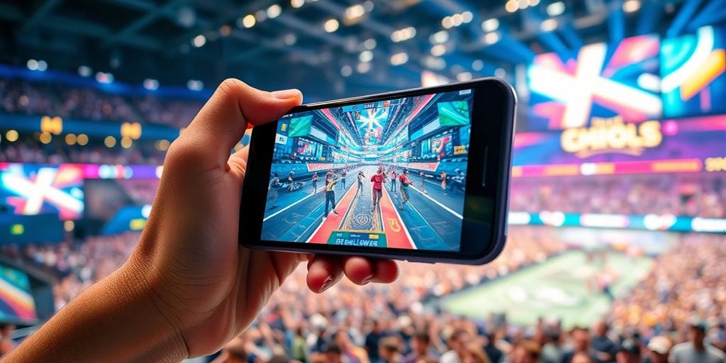 Gamer's hand holding phone, esports arena, bright lights, virtual interface.