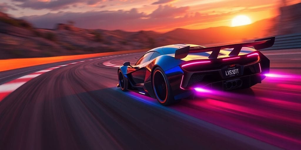 Race car speeding on a futuristic track at sunset.