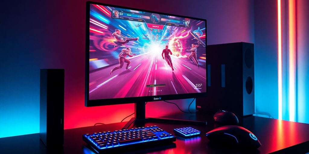 High-tech gaming monitor displaying a vibrant esports live stream.