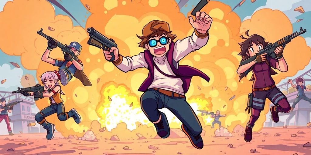 Fiery battle royale, cartoonish characters, explosive action.