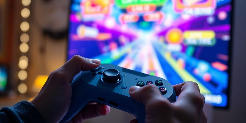 Joyful gamer playing vibrant unblocked game.