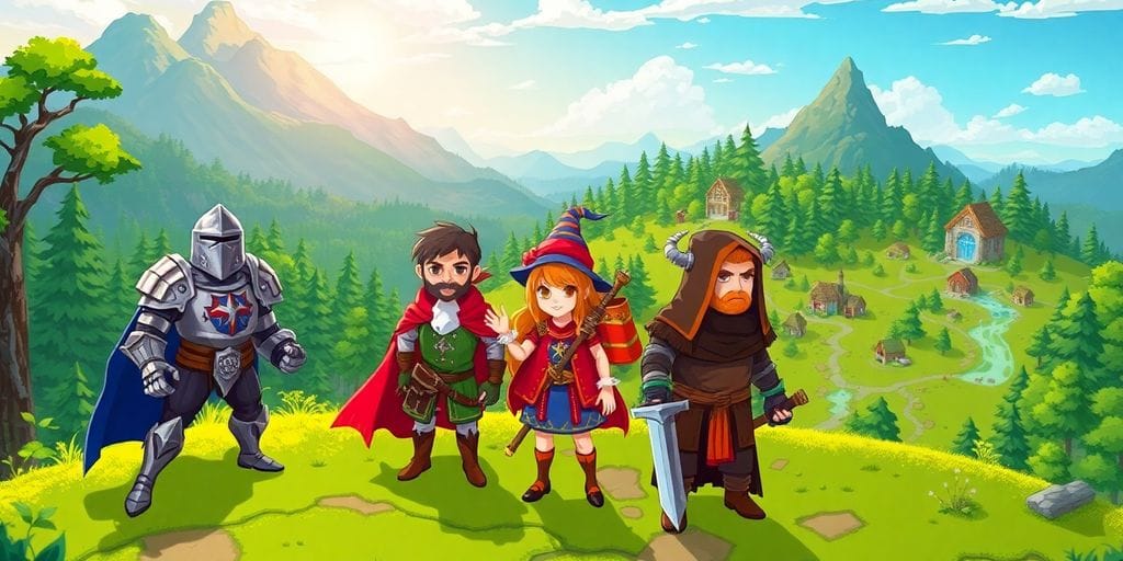 Colorful pixel art RPG characters on a fantasy map.