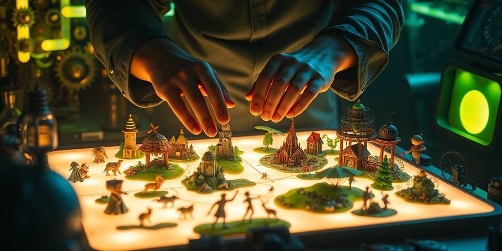 Mysterious figure crafting fantastical game world.