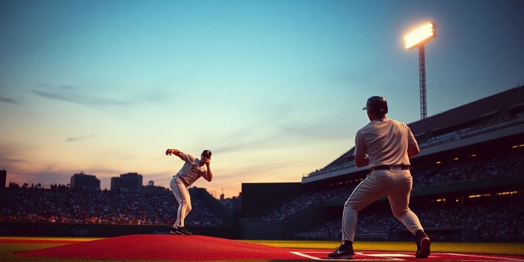 Baseball field with stadium lights at dusk.