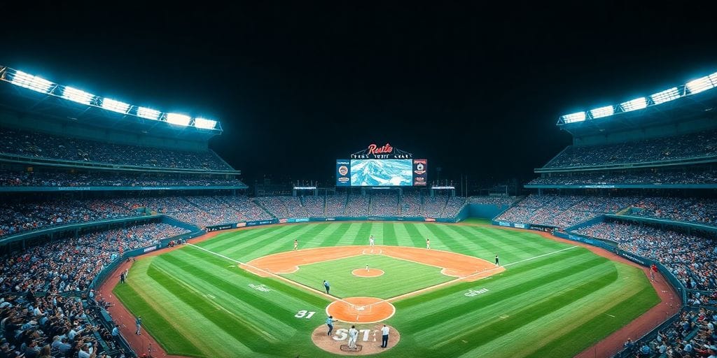 Baseball game in progress, stadium lights ablaze.