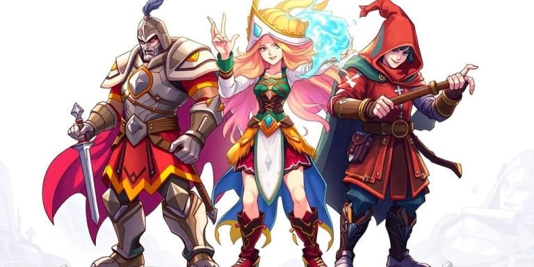 Fantasy warrior, mage, rogue character classes.