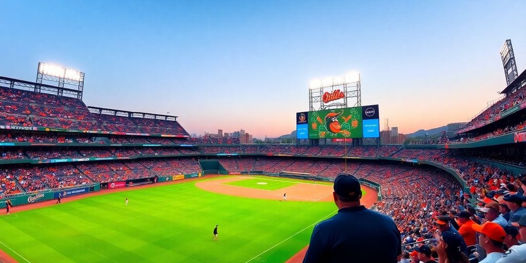Baseball stadium full of fans cheering with action on field.