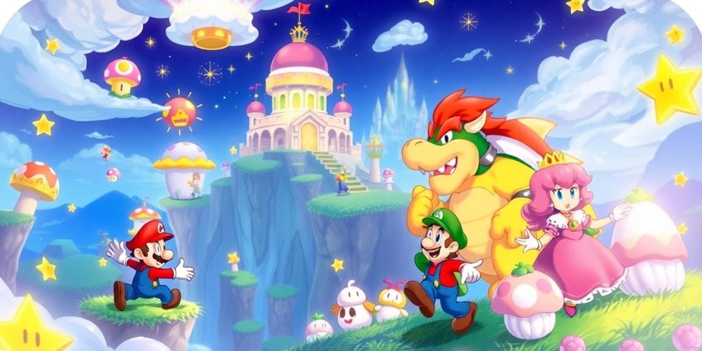 Mario, Bowser, Peach, and Mallow in a vibrant, illustrative style.