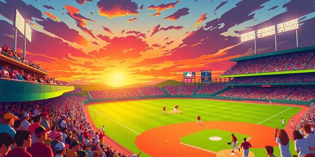Baseball game: stadium, players, crowd, sunset.