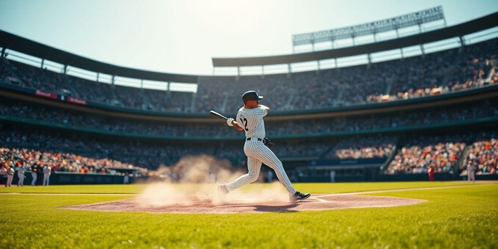New York Yankees baseball player swinging bat on field.