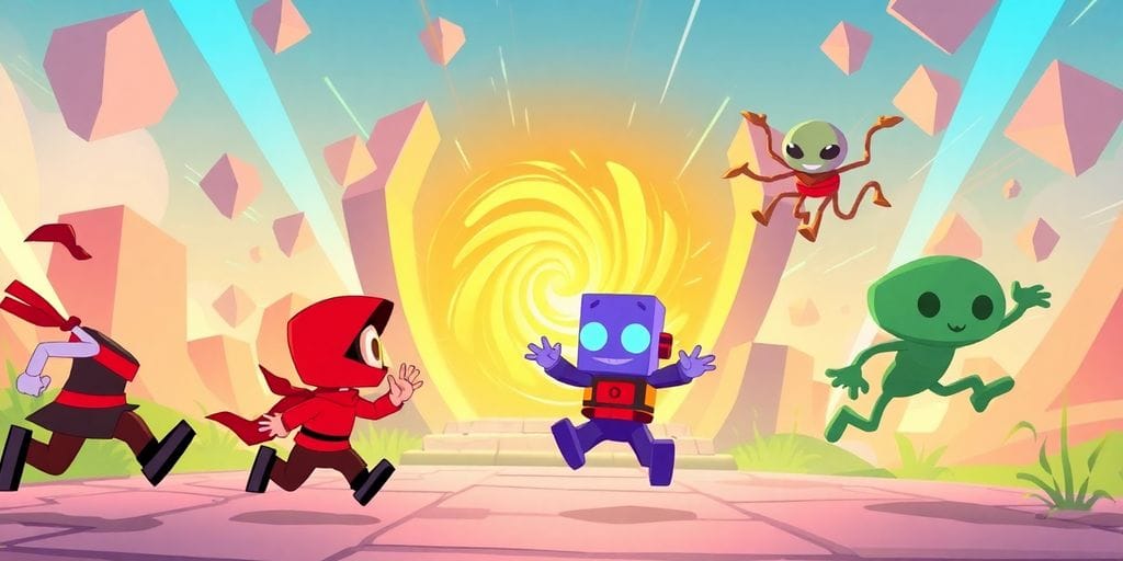 Vibrant game characters jumping around a colorful portal.