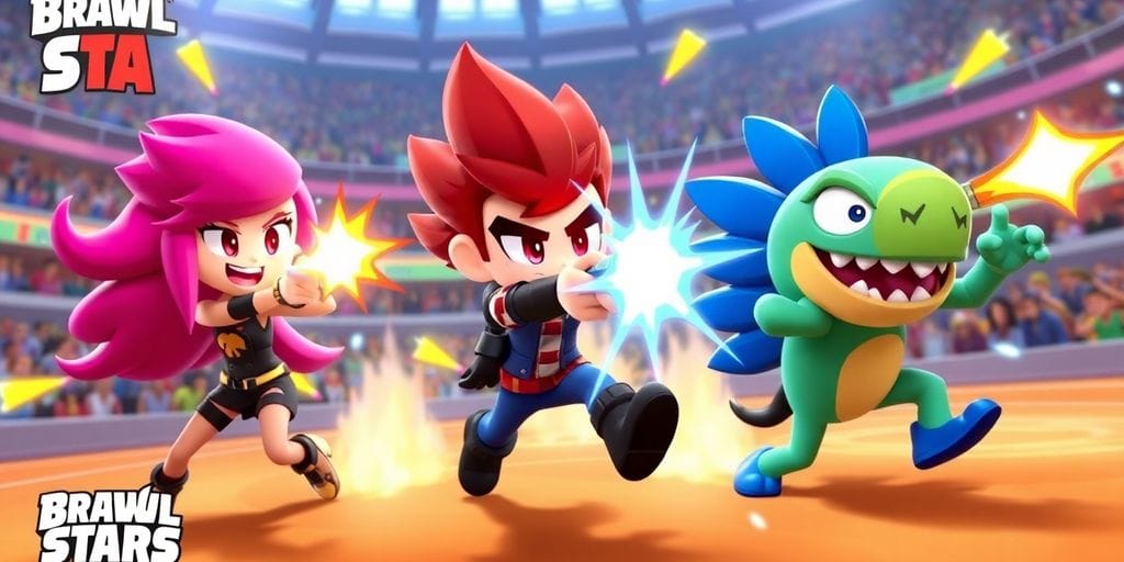 Brawl Stars characters fighting in an arena.