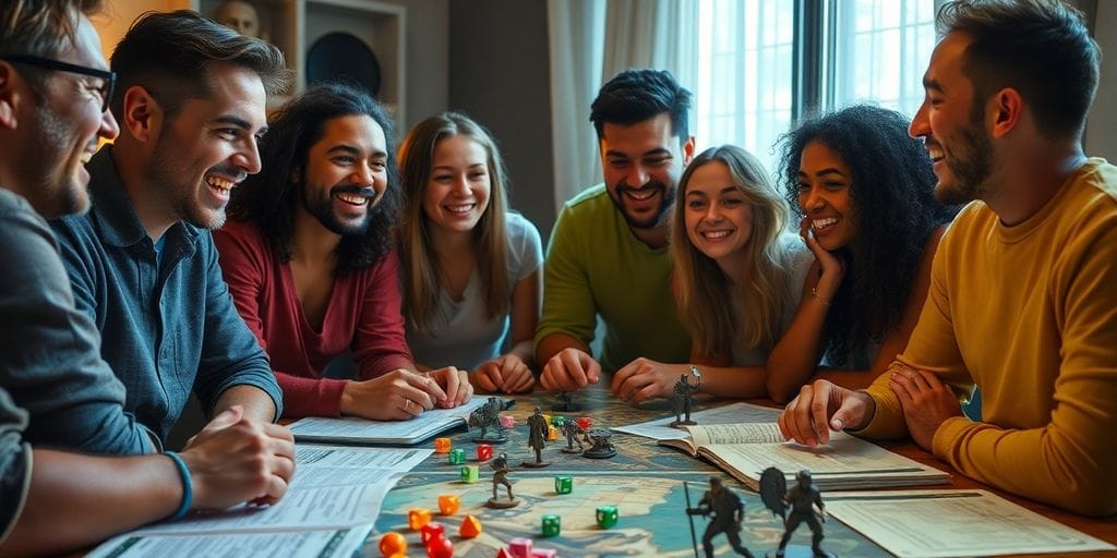 Friends playing tabletop RPG, dice on table.