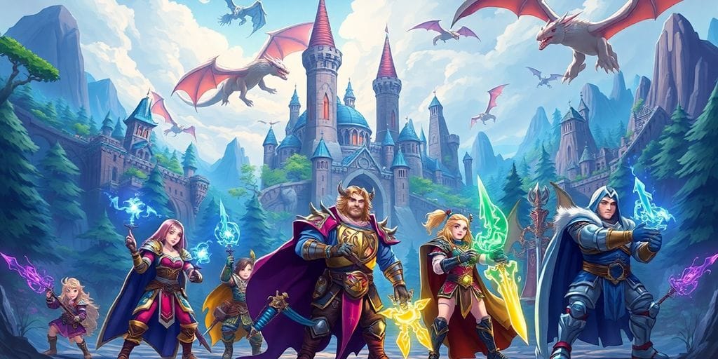 Vibrant fantasy RPG world with diverse heroes, magic, and dragons.
