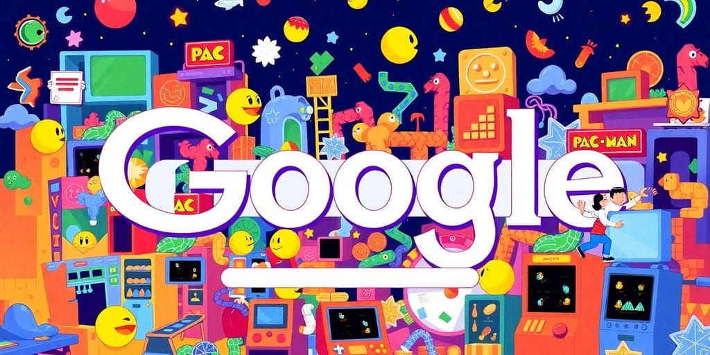 Colorful, illustrative Google games collage.