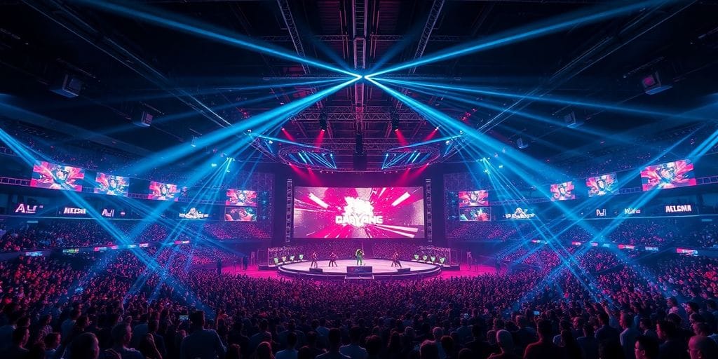 Epic esports arena, bright lights, cheering crowd.