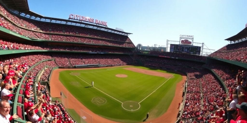 Excited Phillies fans cheering at a vibrant Citizens Bank Park.