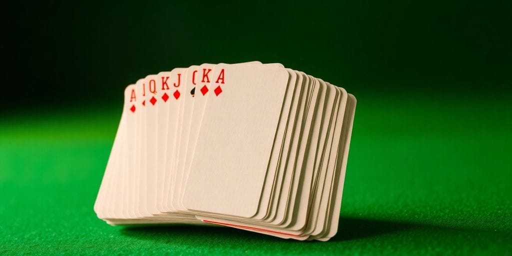 Playing cards fanned out on a green table.