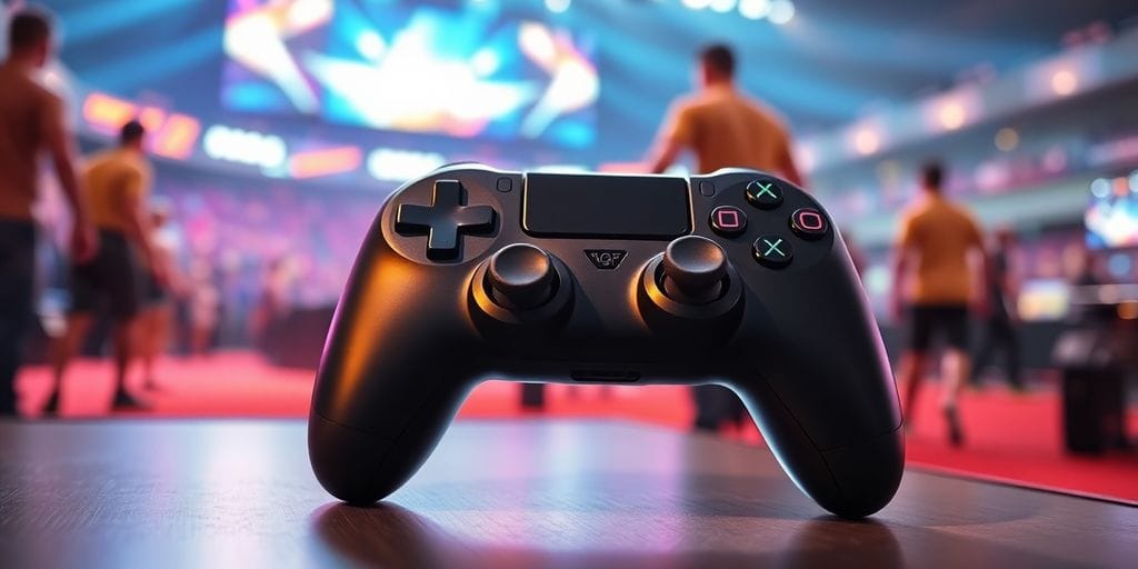 Controller, esports players, vibrant stadium lights.