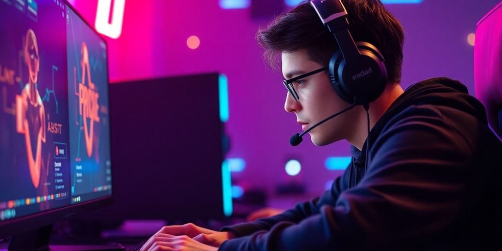 Gamer at computer with glowing screen, headset.