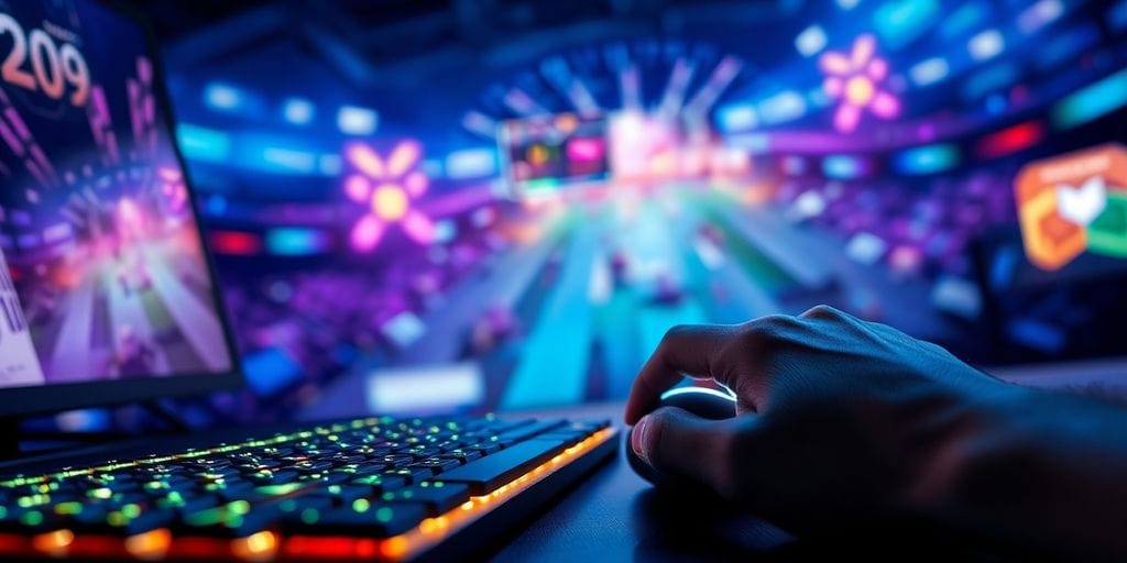 Gamer playing competitive esports on glowing platform.