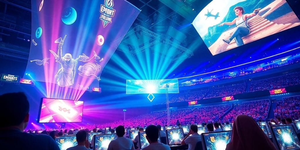 Saudi esports arena with projected game scenes.