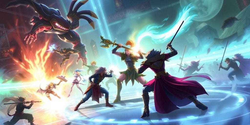 League of Legends champions battling on a vibrant arena.