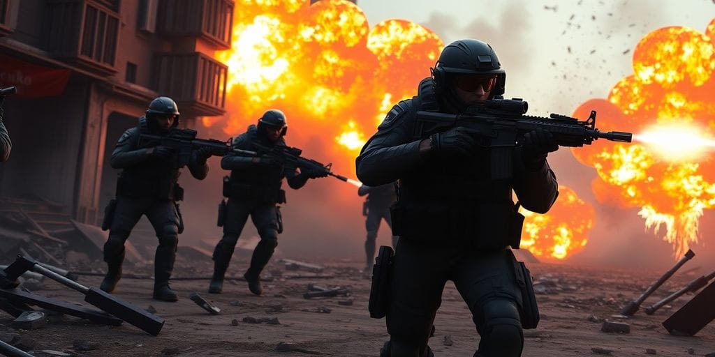 Explosions and soldiers in a futuristic battle.