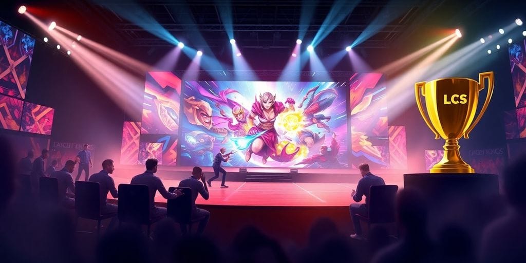 LCS stage, champion trophy, game action