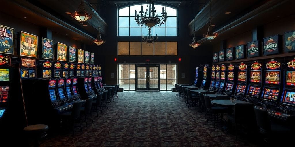 Empty slot machines glow dimly in abandoned, dusty casino lobby.