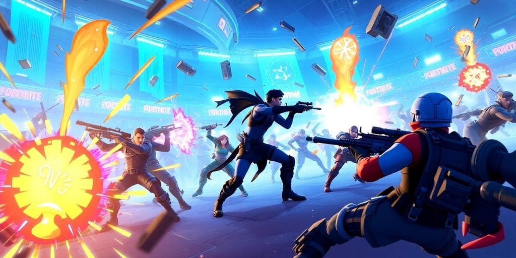 Fortnite players battling intensely in a vibrant in-game arena.