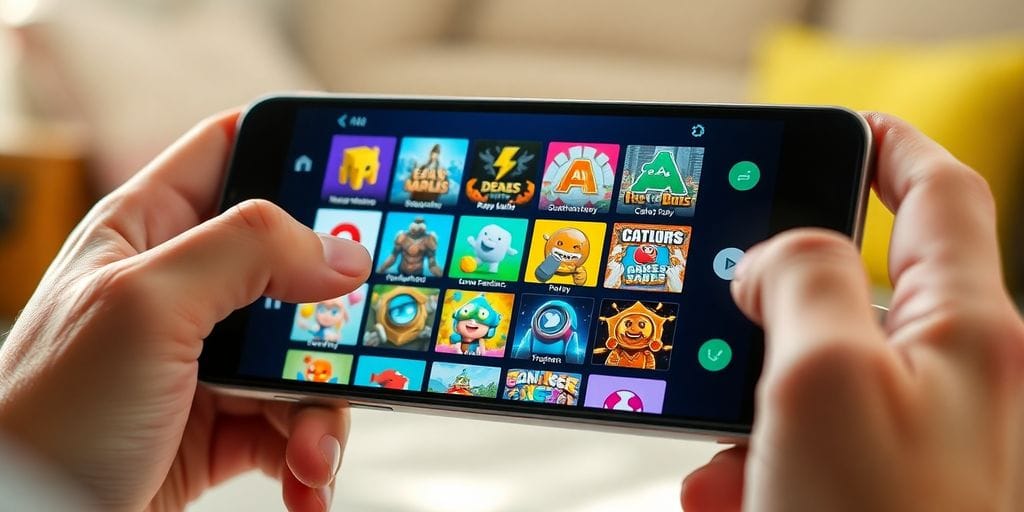 Android phone displaying various game icons.