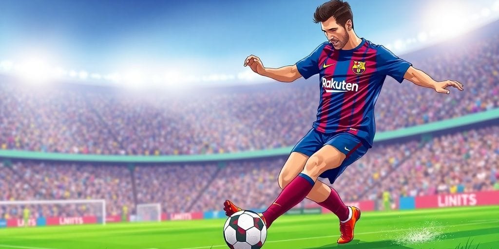 Barcelona soccer player kicking a ball in a packed stadium.