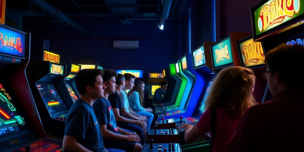Gamers playing retro arcade games.