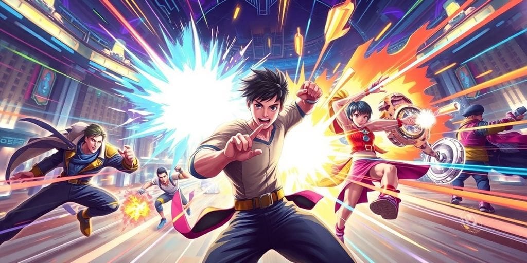 Cartoon characters battling in a vibrant arena