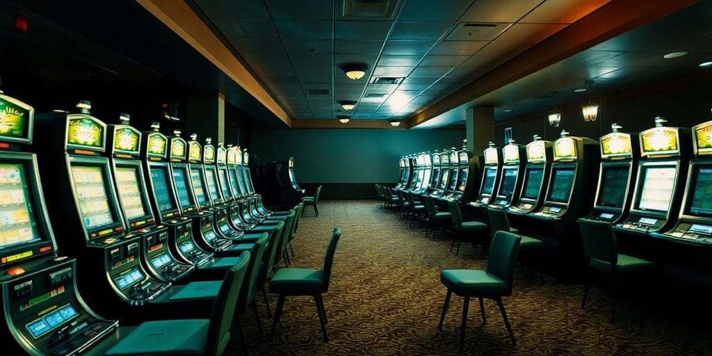 Empty slot machines, dim casino lights