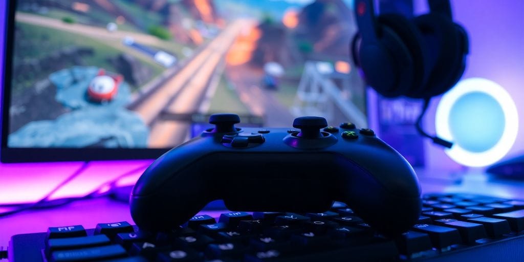 Gaming setup with neon lights.