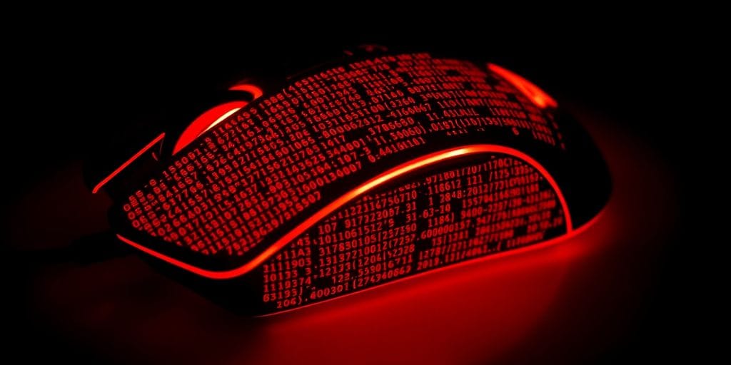 Computer mouse glowing with red digital code.