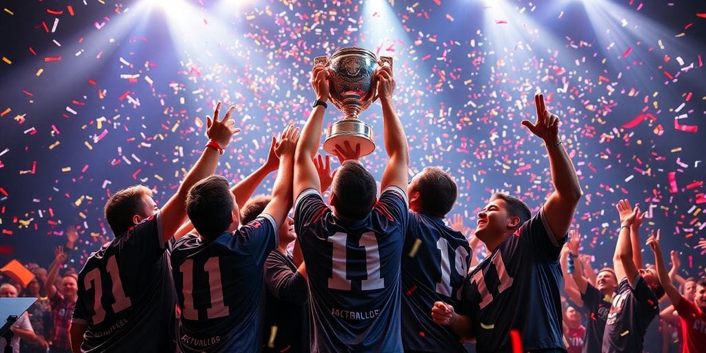 T1 players celebrating MSI Finals 2025 victory on stage.