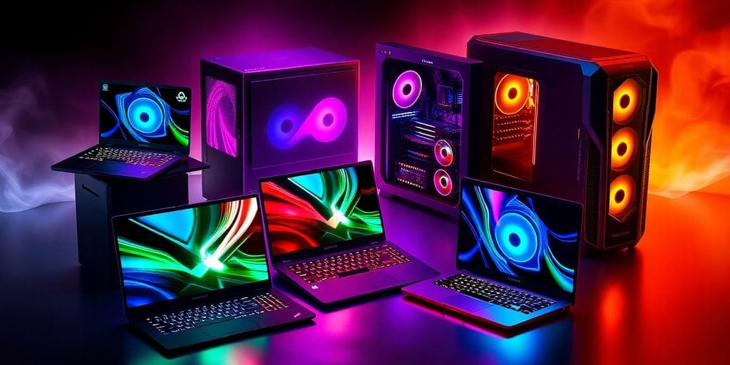 Gaming laptops and PCs in vibrant colors with glowing lights.