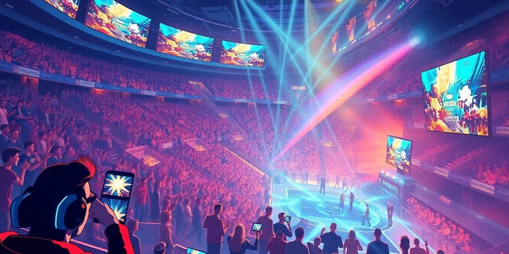 Vibrant esports arenas with cheering crowds and dynamic game visuals.