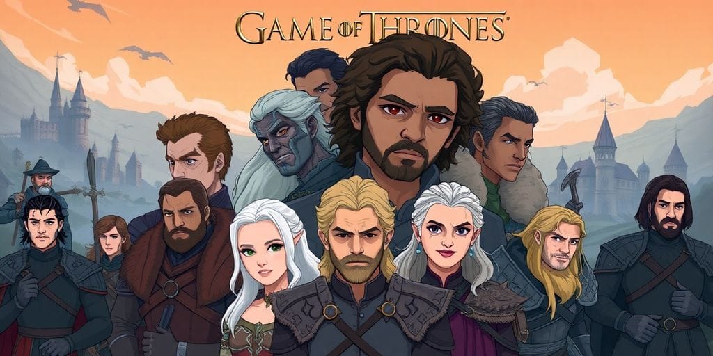 Diverse Game of Thrones actors in medieval fantasy setting.